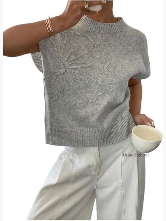 Sweaters - Short Sleeve Knit Pullover 3D Floral Tank Top Crochet Vest Trendy Lightweight